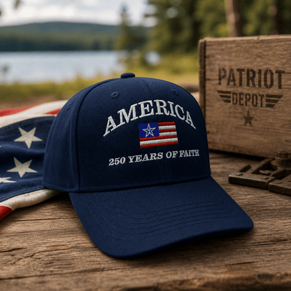 America “250 Years of Faith” Premium Embroidered Hat (Navy)